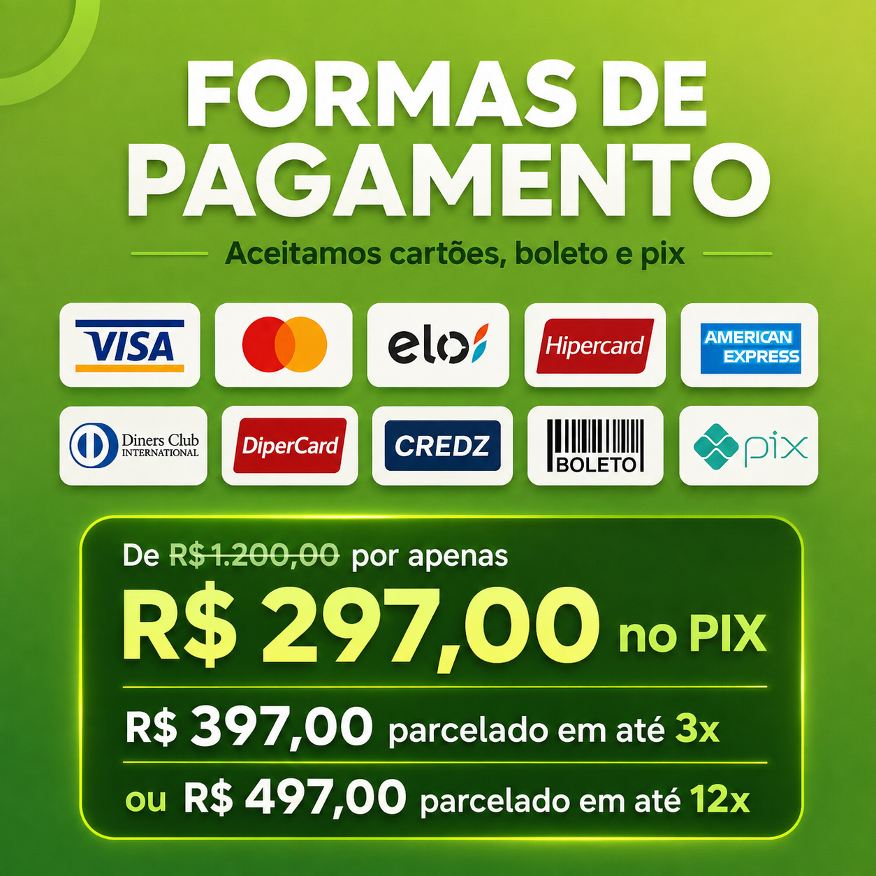 Formas de pagamento do PHD: R$ 297 no PIX, R$ 397 parcelado em até 3 vezes ou R$ 497 parcelado em até 12 vezes; cartões, boleto e PIX